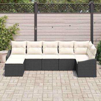7-teiliges Garten-Esszimmer-Set mit Kissen Schwarz Poly-Rattan