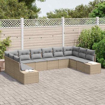 10-teiliges Garten Sofa Set mit Kissen Beige Poly Rattan