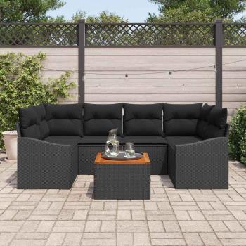 7-teiliges Garten-Sofa-Set mit Kissen in Schwarz aus Poly-Rattan mit Akazie