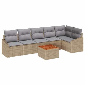7-teiliges Garten Sofa Set mit Kissen Beige Poly Rattan Akazie
