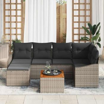7-teiliges Garten Sofa Set mit Kissen Grau Poly Rattan Akazie