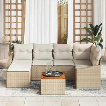 7-teiliges Garten Sofa Set mit Kissen Beige Poly Rattan Akazie