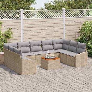 10-teiliges Garten-Sofa-Set mit Kissen Beige Poly-Rattan Akazie