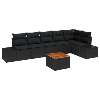 7 teiliges Garten Sofa Set mit Kissen Schwarz Poly Rattan Akazie
