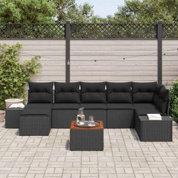 8-teiliges Garten Sofa Set mit Kissen Schwarz Poly Rattan Akazie
