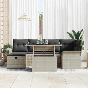 7-teiliges Garten Sofa Set mit Kissen Hellgrau Poly Rattan