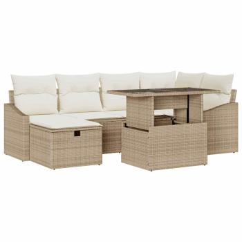 7-teilige Garten Sofa Set mit Kissen Beige Poly Rattan