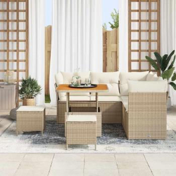 8-teiliges Garten Sofa Set mit Kissen Beige Poly Rattan Akazie, 3-teiliges Garten Esszimmer Set mit Kissen Beige Poly Rattan Akazie