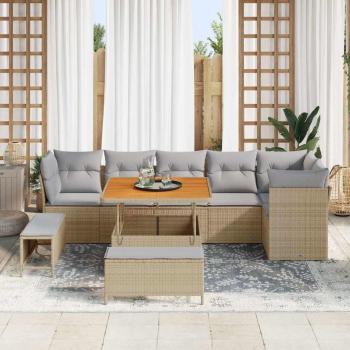 9-teiliges Garten Sofa Set mit Kissen Beige Poly Rattan Akazie, 3-teiliges Garten Esszimmer Set mit Kissen Beige Poly Rattan Akazie