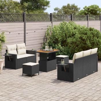 8-teiliges Garten Sofa Set mit Kissen Schwarz Poly Rattan Akazie, 3-teilige Garten Essgruppe mit Kissen Schwarz Poly Rattan Akazie