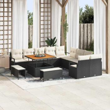 ARDEBO.de - 13-teiliges Garten-Sofa-Set mit Kissen Schwarz Poly Rattan Akazie, 2-Sitzer Garten-Sofa mit Stauraum & Kissen Schwarz Poly Rattan, 3-teiliges Garten-Dining-Set mit Kissen Schwarz Poly Rattan Akazie