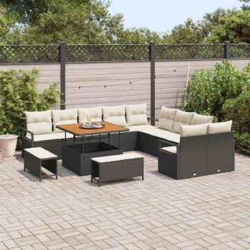 13-teiliges Garten-Sofa-Set mit Kissen Schwarz Poly Rattan Akazie, 2-Sitzer Garten-Sofa mit Stauraum & Kissen Schwarz Poly Rattan, 3-teiliges Garten-Dining-Set mit Kissen Schwarz Poly Rattan Akazie