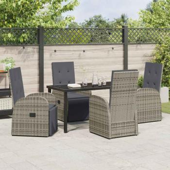 5-teiliges Garten-Essset mit Kissen aus grauem Poly-Rattan