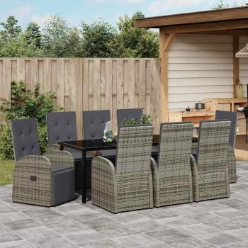 9-teiliges Garten-Essset mit Kissen Grau Poly-Rattan