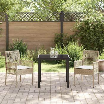 3-teiliges Garten Esszimmer Set mit Kissen Beige Poly Rattan