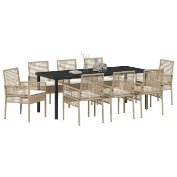 9-teiliges Garten Essset mit Kissen Beige Poly Rattan