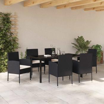 7-teiliges Garten-Essgruppenset mit Kissen Schwarz Poly-Rattan