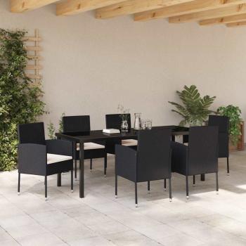 7-teilige Garten Essgruppe mit Kissen, schwarzes Poly Rattan