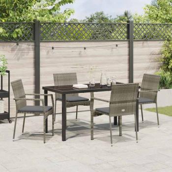5-teiliges Garten-Esstisch-Set mit Kissen Grau Poly Rattan