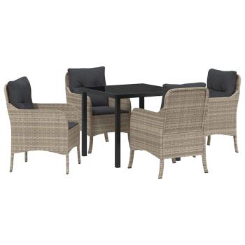 5-teiliges Garten-Ess-Set mit Kissen Hellgrau Poly-Rattan