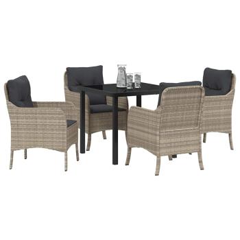 5-teiliges Garten-Ess-Set mit Kissen Hellgrau Poly-Rattan