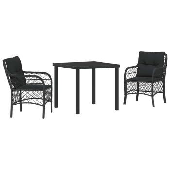 3-teiliges Garten-Ess-Set mit Kissen Schwarz Poly-Rattan