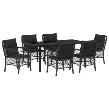 7-teiliges Garten-Ess-Set mit Kissen Schwarz Poly-Rattan