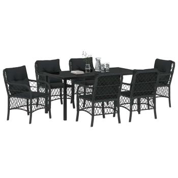 7-teiliges Garten-Ess-Set mit Kissen Schwarz Poly-Rattan