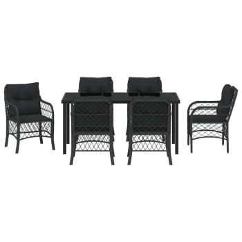 7-teiliges Garten-Ess-Set mit Kissen Schwarz Poly-Rattan