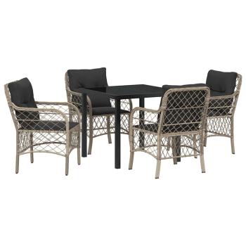 5-teiliges Garten-Ess-Set mit Kissen Hellgrau Poly-Rattan