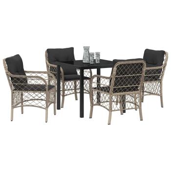 5-teiliges Garten-Ess-Set mit Kissen Hellgrau Poly-Rattan