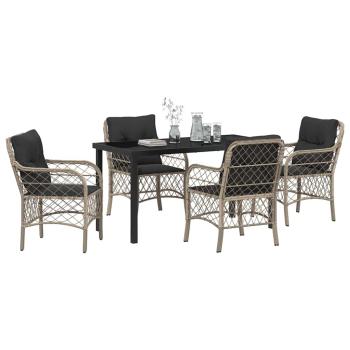5-teiliges Garten-Esszimmer-Set mit Kissen Hellgrau Poly-Rattan