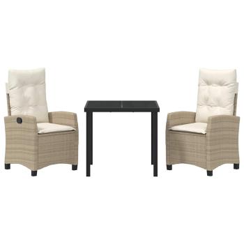 3-teiliges Garten-Ess-Set mit Kissen, beiger Poly-Rattan