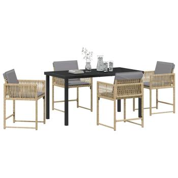 5-teiliges Garten-Ess-Set mit Kissen Beige Poly Rattan