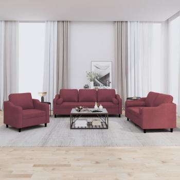 ARDEBO.de - 3-tlg. Sofagarnitur mit Kissen Weinrot Stoff