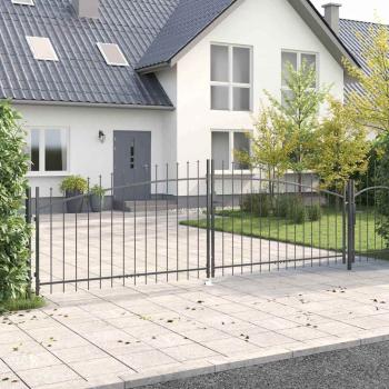 Gartentor mit Spear Top Doppelschwing Grau 125x400 cm Stahl