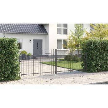 Gartentor mit Spear Top Doppelschwing Grau 125x400 cm Stahl