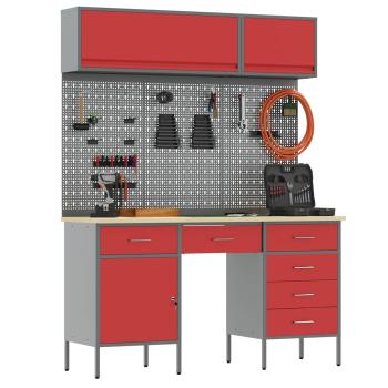 8-tlg. Werkstattschrank-Set mit Stecktafel Rot MDF und Metall