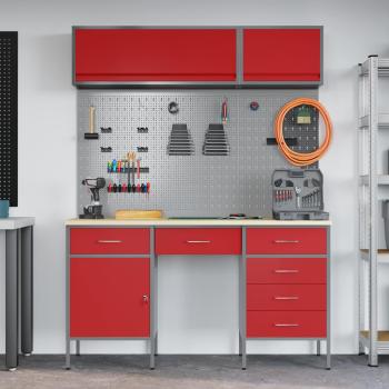 7-tlg. Werkstattschrank-Set mit Stecktafel Rot MDF und Metall