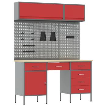 8-teiliges Arbeitskabinen- und Pegboard-Set in Rot aus MDF und Metall
