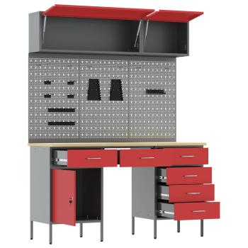 8-teiliges Arbeitskabinen- und Pegboard-Set in Rot aus MDF und Metall