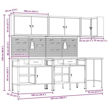 10-teiliges Werkzeugaufbewahrungstisch-Set Schwarz aus Holz und Metall