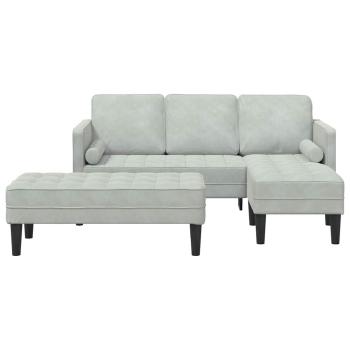 Garten Sofa mit Bank und Kissen L-förmiges hellgraues Velvet, 3-Sitzer Sofa mit Chaiselongue L-förmig hellgrau 160 cm Velvet, Bank hellgrau 113 cm Velvet