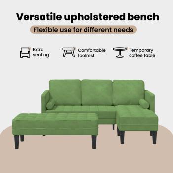 Garten Sofa mit Bank und Kissen, L-förmiger hellgrüner Samt, 3-Sitzer Sofa mit Chaise, L-förmiger hellgrüner 160 cm Samt, Bank hellgrün, 113x57x39 cm, Samt