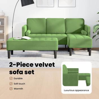 Garten Sofa mit Bank und Kissen, L-förmiger hellgrüner Samt, 3-Sitzer Sofa mit Chaise, L-förmiger hellgrüner 160 cm Samt, Bank hellgrün, 113x57x39 cm, Samt