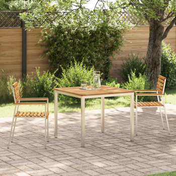 3-teiliges Garten Essset aus Massivholz Akazie, Outdoor Esstisch 90x90x74,5 cm aus Massivholz Akazie, Stapelbare Gartenstühle 2 Stück aus Massivholz Akazie und Stahl