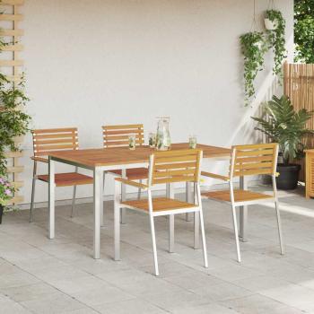 5-teiliges Garten Essset aus Massivholz Akazie, Outdoor Esstisch 150x90x75 cm aus Massivholz Akazie, stapelbare Gartenstühle 4 Stk. aus Massivholz Akazie und Stahl
