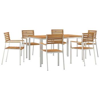 7-teilige Garten Essgruppe Massivholz Akazie, Gartentisch 150x90x75 cm Massivholz Akazie, Stapelbare Gartenstühle 2 Stück Massivholz Akazie und Stahl, Stapelbare Gartenstühle 4 Stück Massivholz Akazie und Stahl