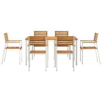 7-teilige Garten Essgruppe Massivholz Akazie, Gartentisch 150x90x75 cm Massivholz Akazie, Stapelbare Gartenstühle 2 Stück Massivholz Akazie und Stahl, Stapelbare Gartenstühle 4 Stück Massivholz Akazie und Stahl