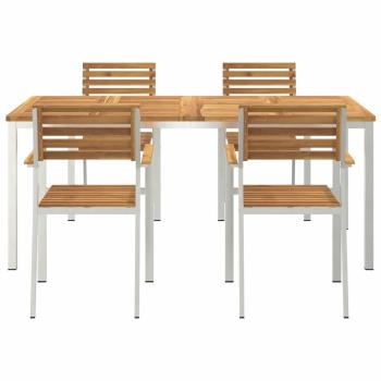 5-teiliges Garten Esszimmer Set aus massivem Akazienholz, Outdoor Esstisch 180x90x75 cm aus massivem Akazienholz, Stapelbare Gartenstühle 4 Stück aus massivem Akazienholz und Stahl